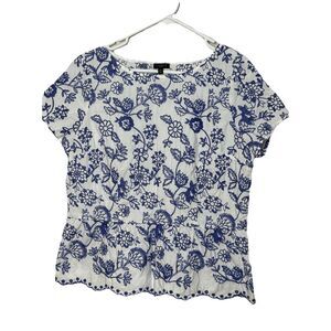 Talbots  Ruffle Peplum Top Size 12P Blue White Embroidered Floral Cotton
